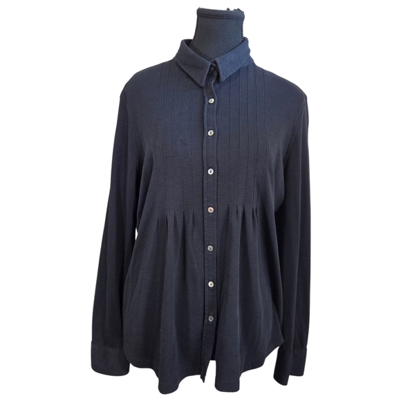 L.L. Bean Black Button-Up Front Pleat Blouse SizE LP - Picture 1 of 6